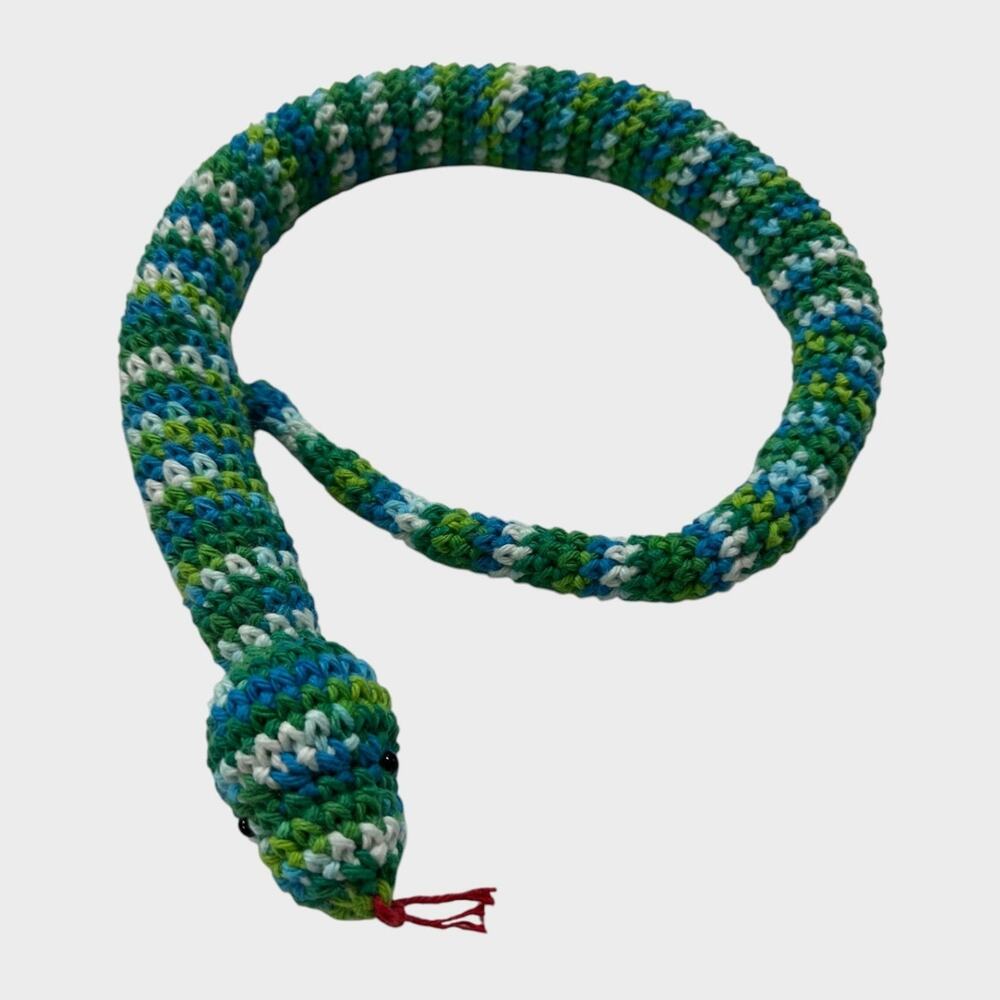 Handmade Crochet Snake Blue Green White Striped Red Tongue